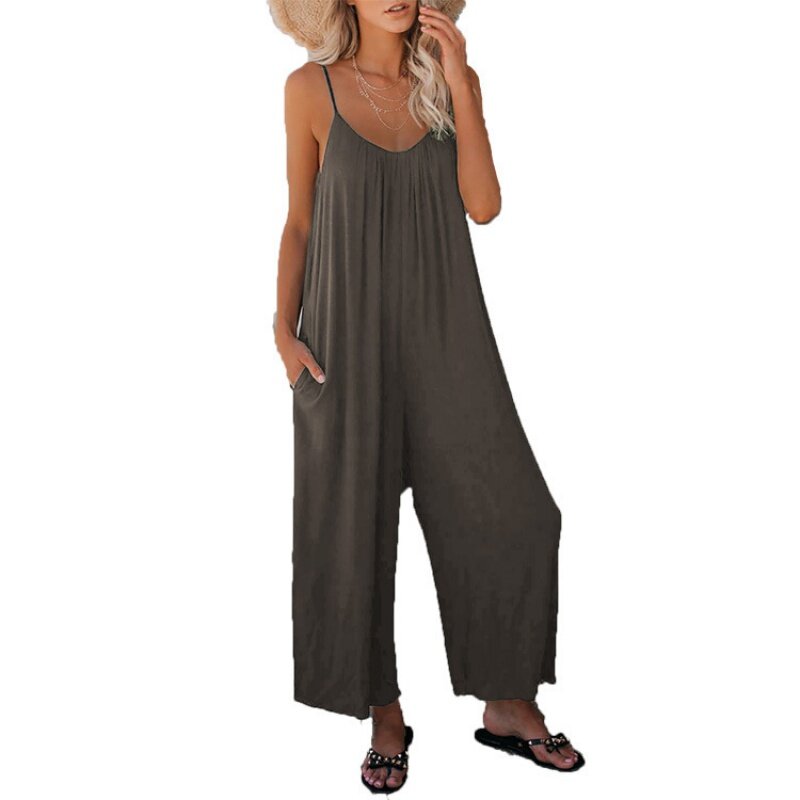 Pantalones de verano para mujer, mono holgado informal con bolsillos, Color sólido, novedad
