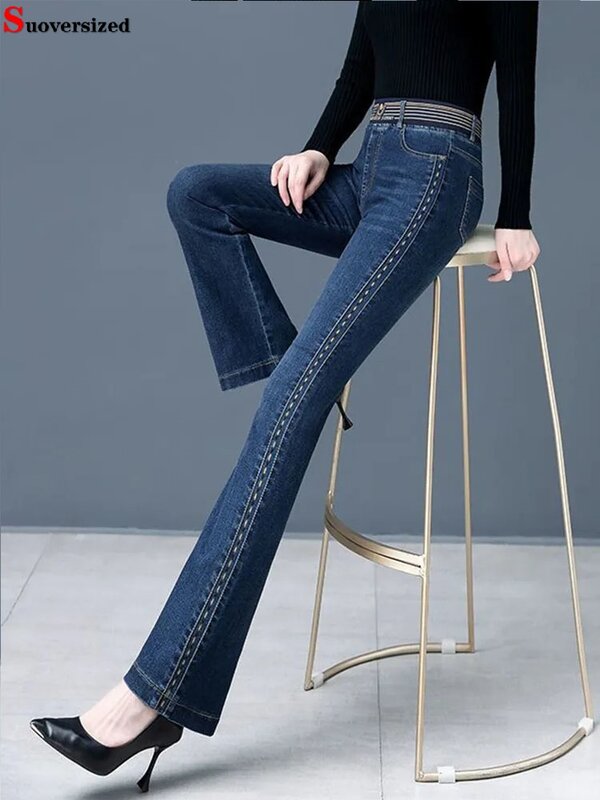 Vintage High Taille Flare Jeans Spring Denim Hose Druck Pantalones Femme große Größe 75kg Stretch Vaqueros lässig Skinny Schlauch