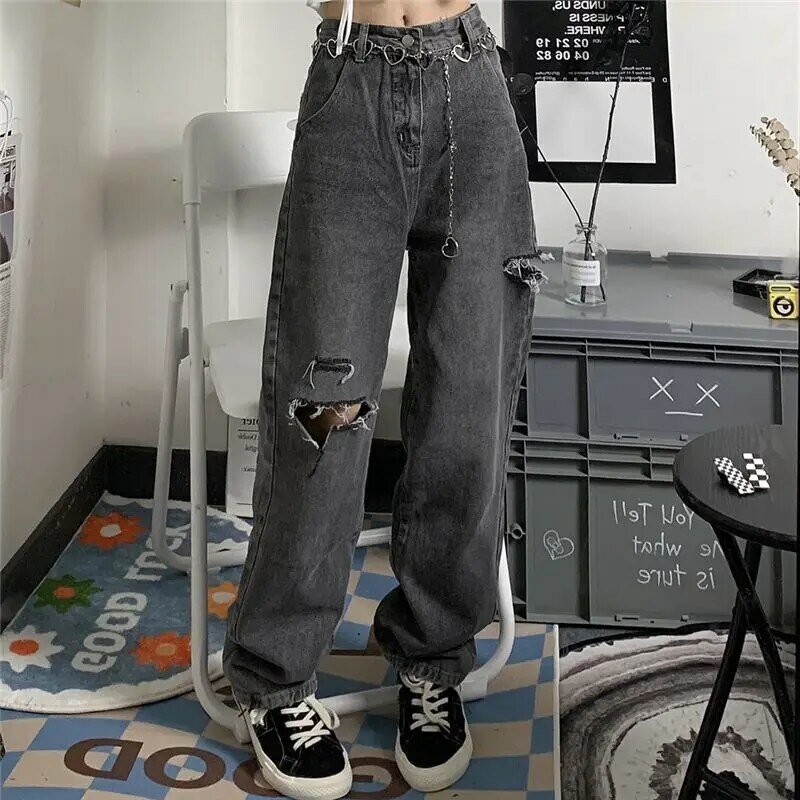 Jean déchiré gris foncé Y2k pour femmes, Streetwear Vintage, nouveau Design, taille haute, ample, droit, jambes larges, 2022