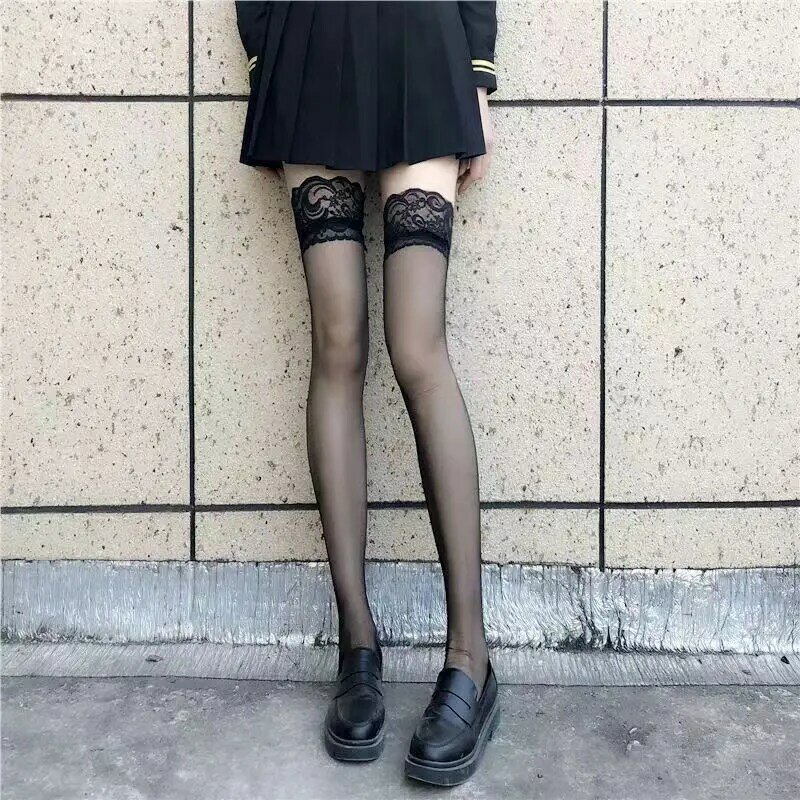 JK Costumes-medias de rejilla hasta el muslo para mujer, Sexy, gótico, Punk, transparente sobre la rodilla, rojo, borde ancho, calcetines altos largos