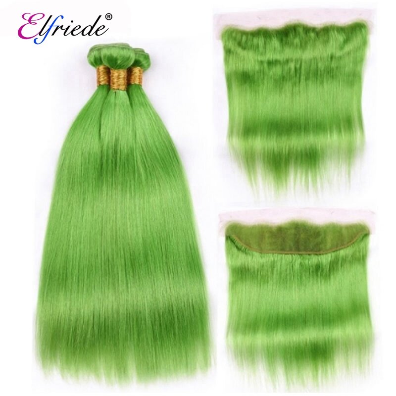 Elfriade-mechones de pelo liso de color verde claro, 100% cabello humano, tramas cosidas, 3 mechones con encaje Frontal 13x4