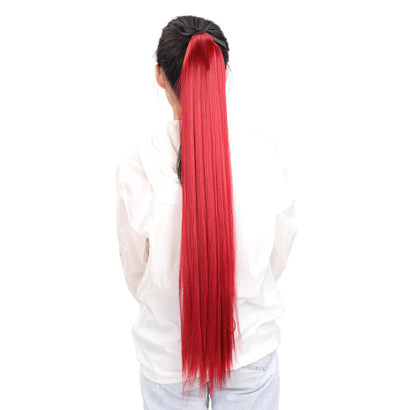 Syntetyczne długie proste czerwone Ombre kucyk Hairpiece naturalne fałszywe rzepy Wrap Clip-on kucyk rozszerzenia Afro kucyk