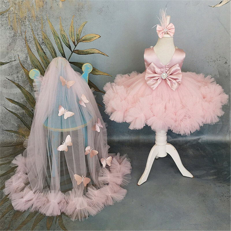 Flower Girl Dresses Puffy Girl Dress Pink Baby Dress con Train Bow Cute Kid children's Child Birthday Dresses Frist comunione