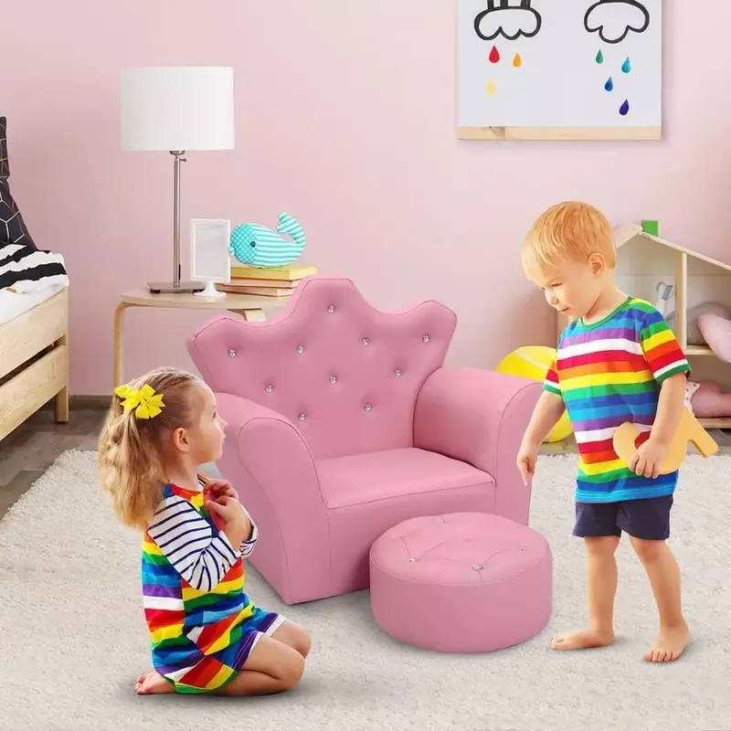 Sofá tapizado para niños, tapizado, otomano, recortado con diamantes, color rosa
