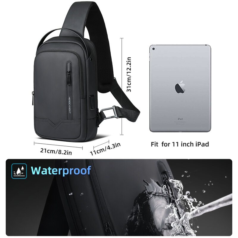 Tas dada selempang Ksatria heroik tas bahu pria tahan air untuk paket telepon kurir kerja pria bergaya kasual Ipad 11 "dengan USB