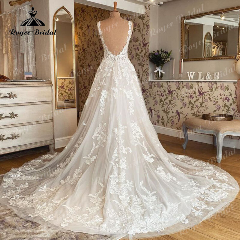 2024 Robe Mariee Sleeveless V Neck Wedding Dress Lace Applique Blush Pink Backless Bridal Gown robe de soirée de mariage Elegant