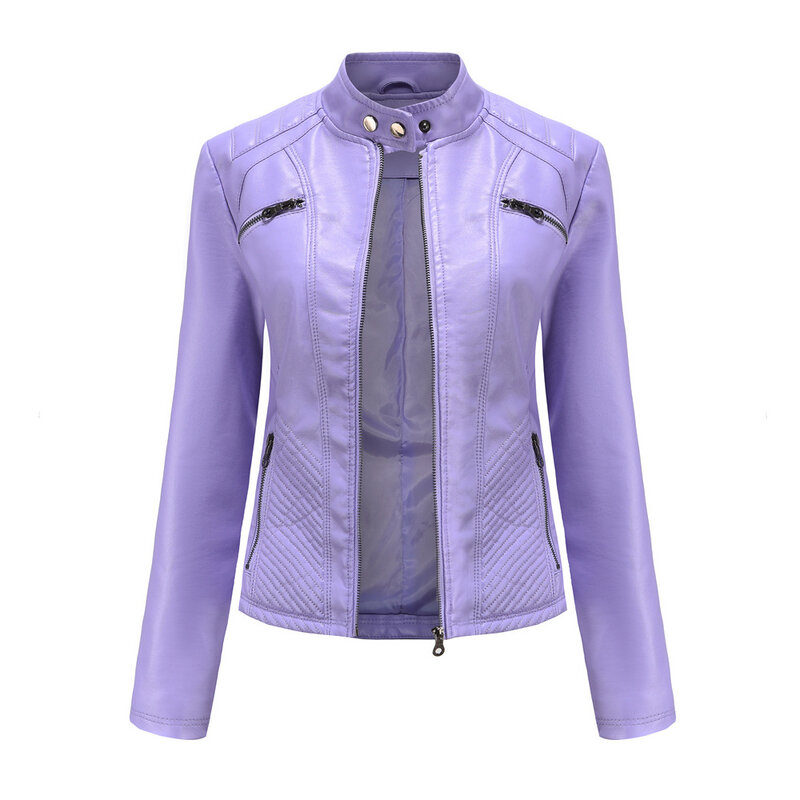 Primavera nova casual feminina jaqueta de couro gola fina ajuste curto casaco de couro do plutônio sólido clássico feminino outerwear