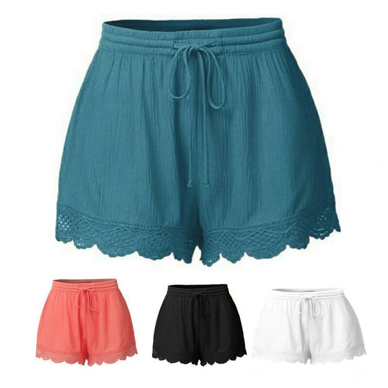 Casual Shorts Women Shorts Elegant Lace Edge Women's Summer Shorts with Drawstring Elastic High Waist Pleated Loose for Casual
