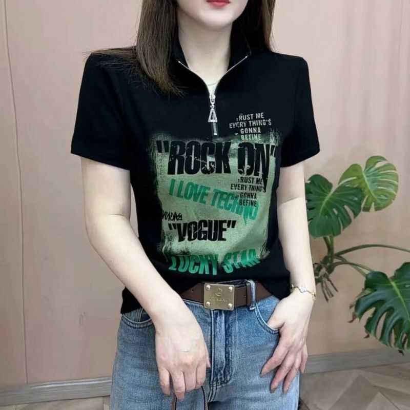 Zomer Nieuwe Damespullovers Mode Casual Slanke Koreaanse Opstaande Kraag Bedrukte Met Rits Gesplitste Korte Mouwen All-Match T-Shirt Tops