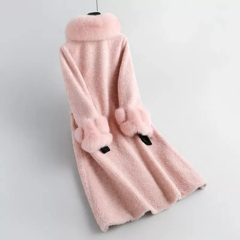 Chaqueta de piel de lana auténtica de 100% para mujer, Abrigos cálidos con cuello de piel de zorro, ropa de otoño e invierno, Zjt1937