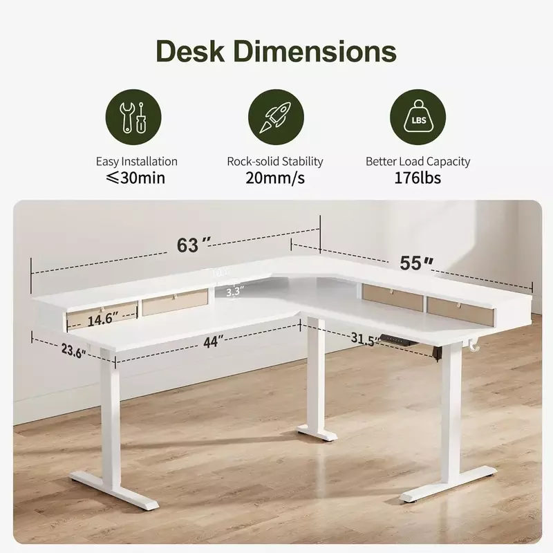 Mesa elétrica em forma de L, mesa em altura ajustável, mesa de pé com 3 gavetas, mesa de pé de canto, top branco, 63 pol