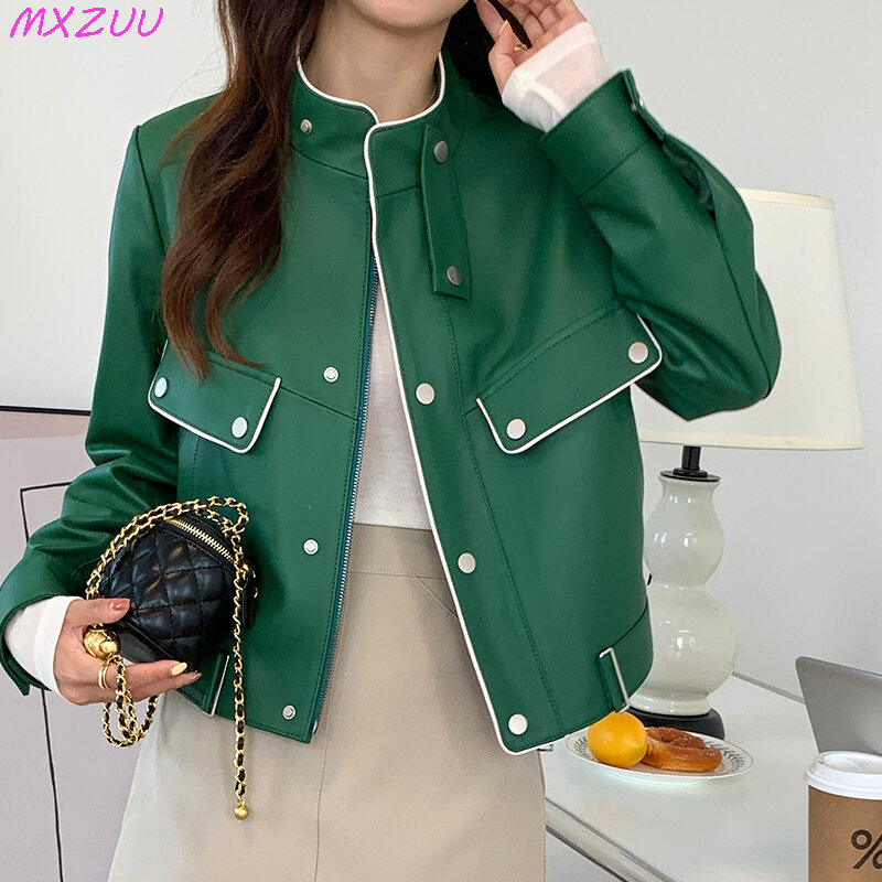 Sheepskin Coat for Women Short Stand Collar Small Suit Locomotive Jackets High Quality Stylish Blue/Green Veste En Cuir Femme