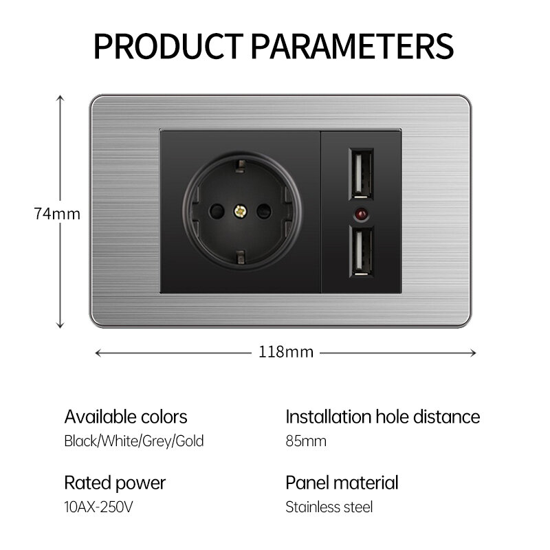 Interruptor de toma de corriente de pared de acero inoxidable, carga rápida con USB tipo c 3.1A, 5V, 2100mA, TV, Tel, ordenador, Italia, UE, Chile