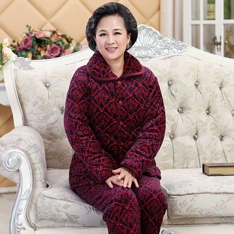 Pijama de veludo coral grosso para mulheres, pijamas de flanela feminina, 3 camadas, algodão, roupas domésticas, terno para meia-idade, mãe idosa, inverno