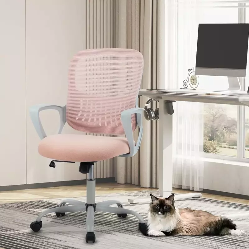 Sedia da ufficio, sedie da scrivania girevoli ergonomiche con schienale medio in rete con ruote, comodo supporto lombare, rosa