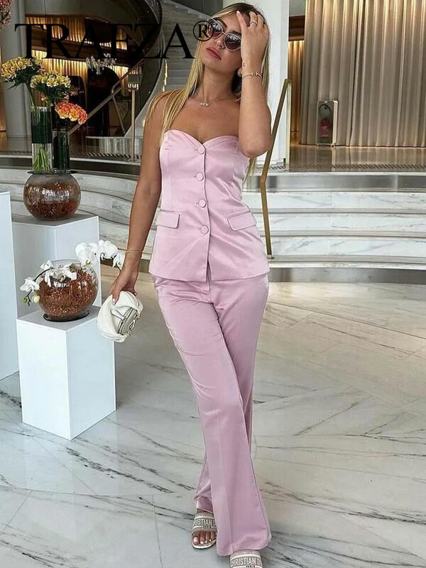 TRAFZA Sleeveless Off Shoulder Tube Top Slim Single Breasted Commuter Blazer + Pants Simple All-match Straight Trousers Set