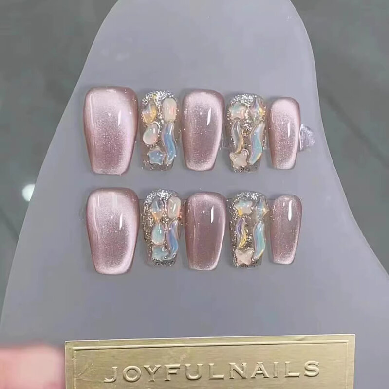 Жасмин ароматизированные розовые алмазные ногти ручной работы розовые бриллианты Роскошные кошачий глаз милые высококачественные короткие стильные милые