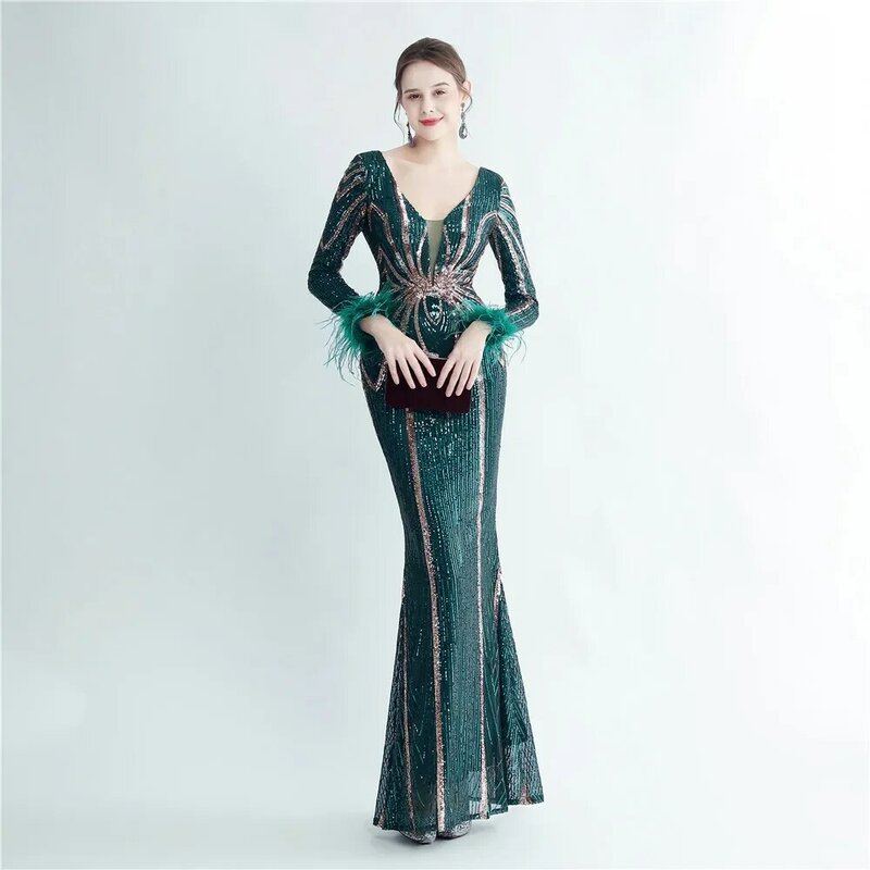 Sladuo Women's Sexy V-Neck Split Long Sleeve With Feather  Shinning Sequins Evening Mermaid Bridesmaid Cocktail Dress