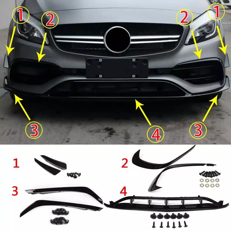 W176 Lip AMG Style Car Front Bumper Lip Spoiler Side Canards Body Kit For Mercedes Benz A-Class W176 AMG A45 2016-2018 Body Kit