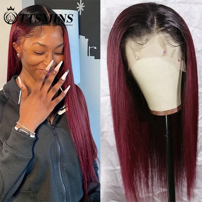 Perruque Lace Front Wig naturelle, cheveux humains, bordeaux ombré T1B/99J, couleur vin rouge, 13x4, pre-plucked, avec baby hair, densité 180%