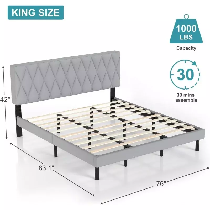IIEE-Marco de cama NATURE King, plataforma tapizada con cabecero y listones de madera fuertes, gran capacidad de peso, antideslizante y Noi