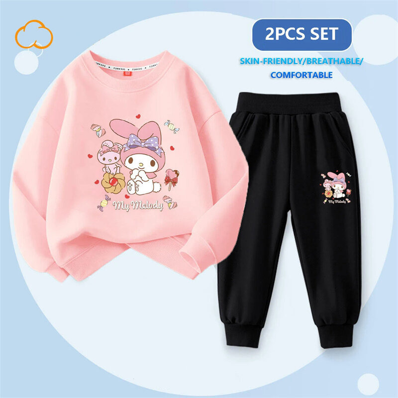 Anime Sanrio Kuromi Kawaii Children's Clothing 2Pcs Set Cinnamoroll My Melody Cute Autumn Sportswear Girls Cartoon Casual Wear