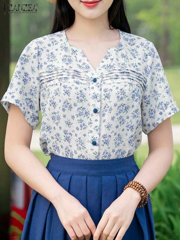 Рубашка ZANZEA женская с цветочным принтом, богемная блузка с коротким рукавом, V-образным вырезом, винтажная туника на пуговицах, лето 2024