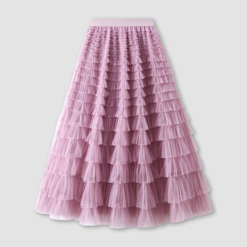 2024 Ladies Clean Fit Style Mesh Puffy Cake Long Skirt Elegant Vintage Elastic Waist High Waist Ball Gown Gauze Tulle Skirt Wear