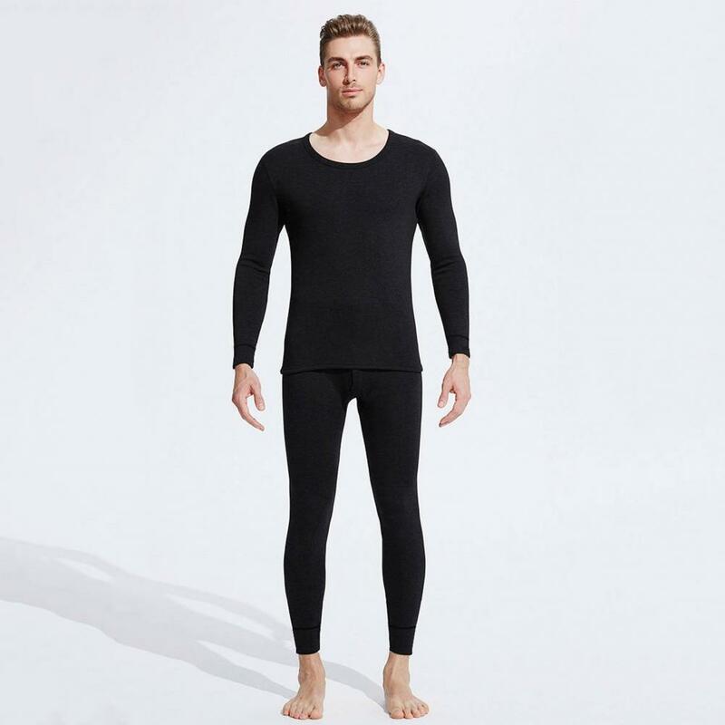 Conjunto de roupa interior térmica flexível masculino, forro velo grosso, manga comprida, roupa caseira redonda, pijama de inverno
