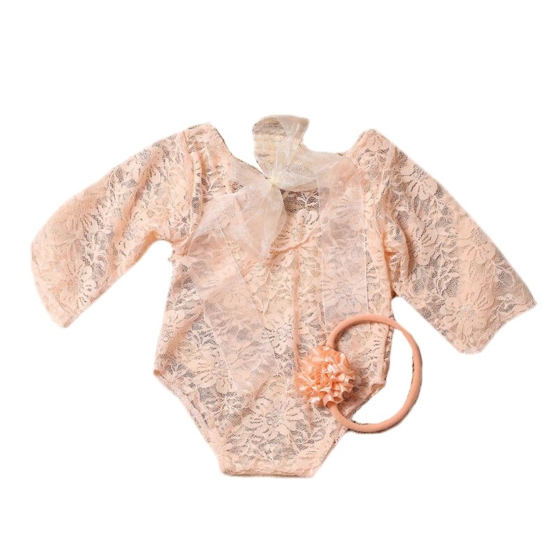 Fantasia de fotografia de bebê lindo vestido macacão de renda com faixa para recém-nascido G99C