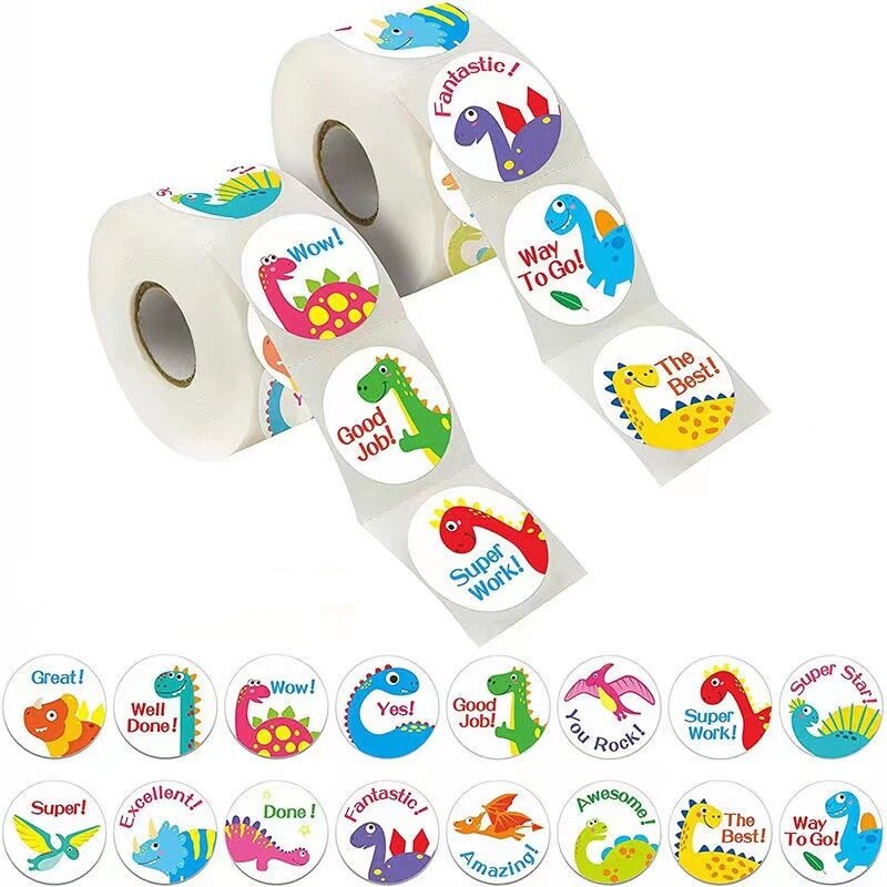 100-500pcs Cute Dinosaur Pattern Reward Encouragement Sticker Roll for Kids Motivational Stickers with Cute Animals for Students