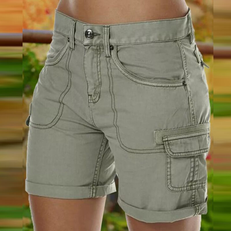 Pantalones de oficina de cintura media para mujer, pantalones cortos Cargo lisos, Harajuku, con bolsillos grandes, ajustados, 2023