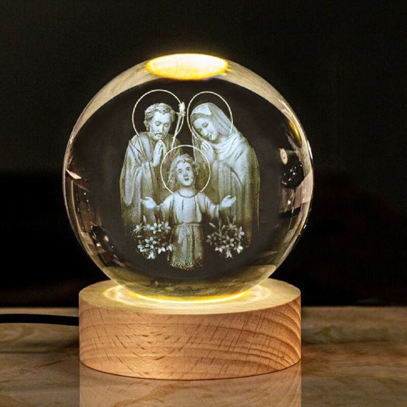 Handicraft Wooden Illumination USB Light 3D Night Light Crystals Glass Ball LED Display Stand Church Event Souvenir