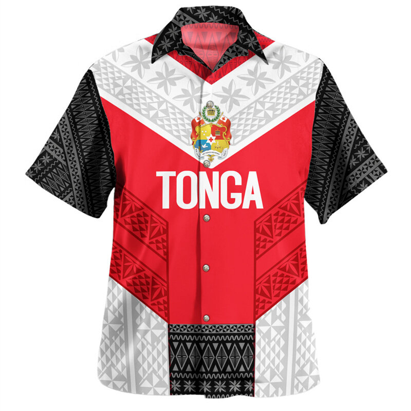 Chemises imprimées 3D The Kingdom of Tonga National Feel pour hommes, Emblem Coat of Arm, Chemises courtes graphiques, Vêtements Harajuku