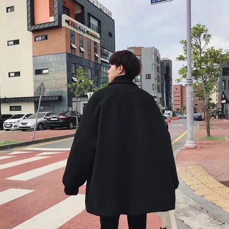 Jaket pria, Harajuku, ukuran besar, hitam, wol longgar, ukuran besar, pakaian jalan Korea, jaket campuran tebal