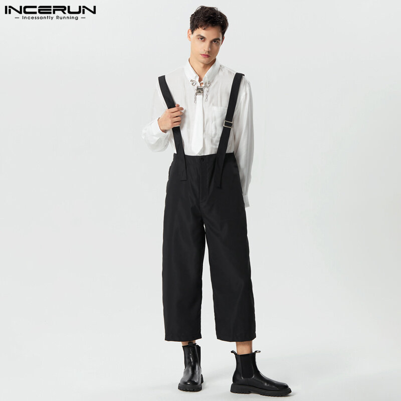 2024 Men Jumpsuits Solid Color High Waist Pants Streetwear Casual Male Suspender Rompers Loose Fashion Straps Overalls INCERUN