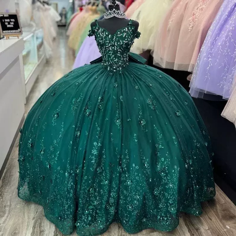 Romantic Green Princess Quinceanera Dresses Beading 3D Appliques Lace Party Birthday Ball Gown Sweet Vestido De 15 16 Anos