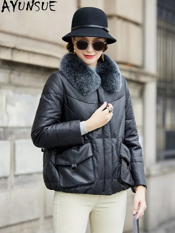 AYUNSUE 여성용 진짜 가죽 다운 재킷, 화이트 덕 다운 코트, 여우 모피 칼라, 진짜 양가죽 재킷, 고품질, 겨울