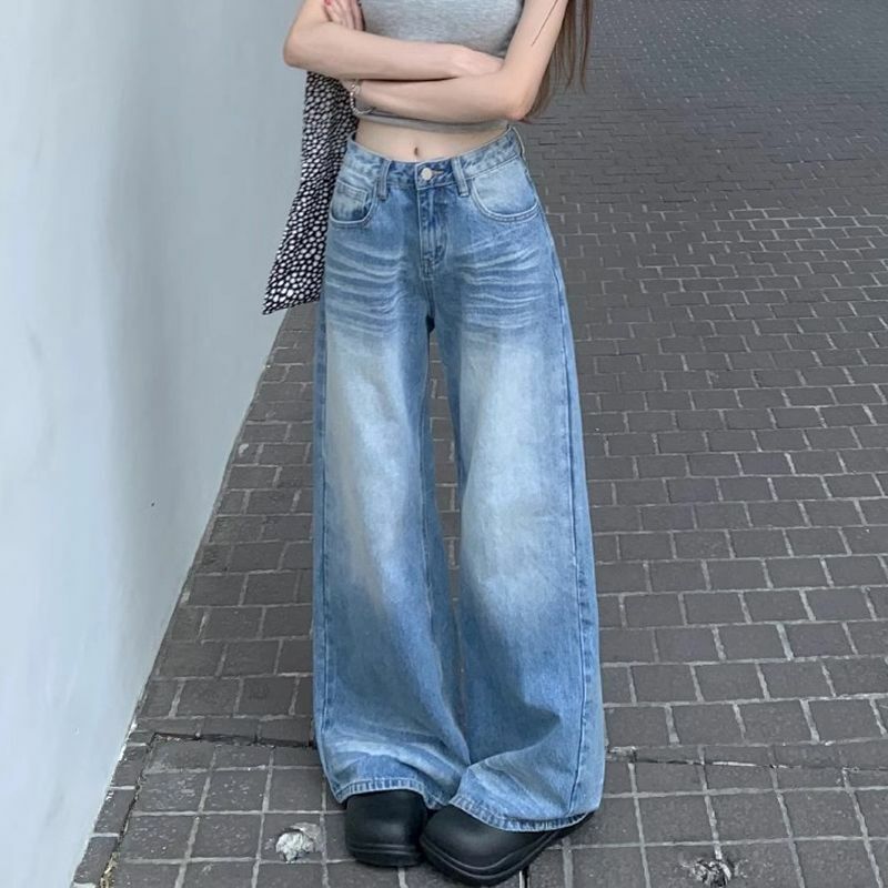 QWEEK Y2K Jeans Vintage wanita Streetwear Korea pinggang tinggi celana kaki lebar Harajuku kasual kebesaran celana Denim dicuci musim panas