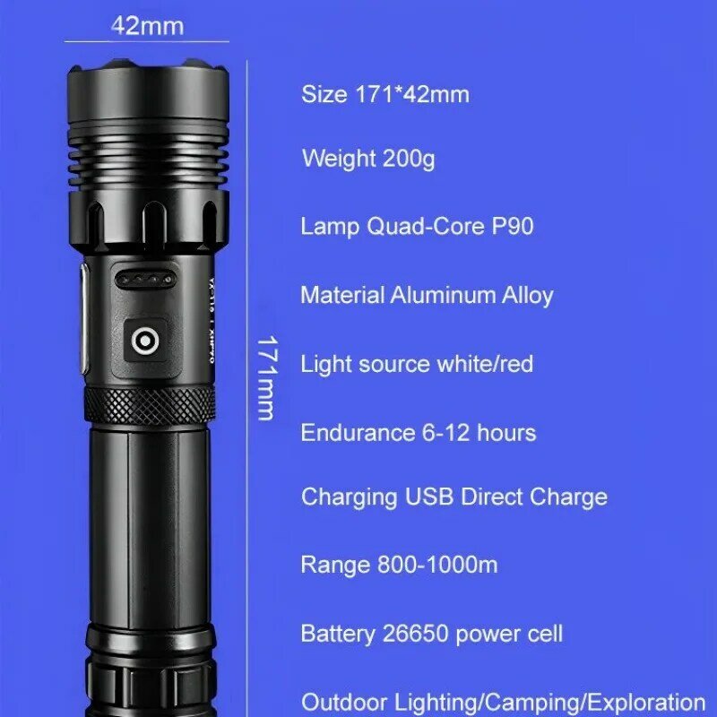 Multifuncional Zoom Lanterna Brilhante, USB Portátil Recarregável, Sky Canon, longrange
