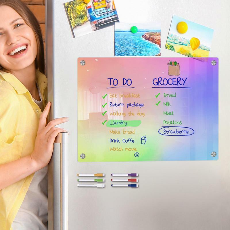Fridge Planner Magnet Acrylic Magnetic White Board Erasable Decorative Planner Memo With 6 Whiteboard Markers Multifunctional