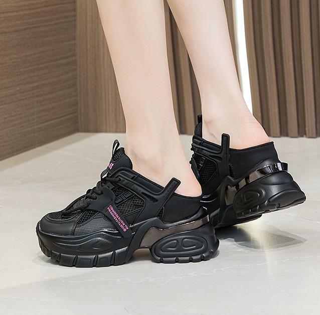 10.5cm Air Mesh vera pelle donna Chunky Fashion Sneakers Platform Wedge pantofole traspiranti comode scarpe estive vuote