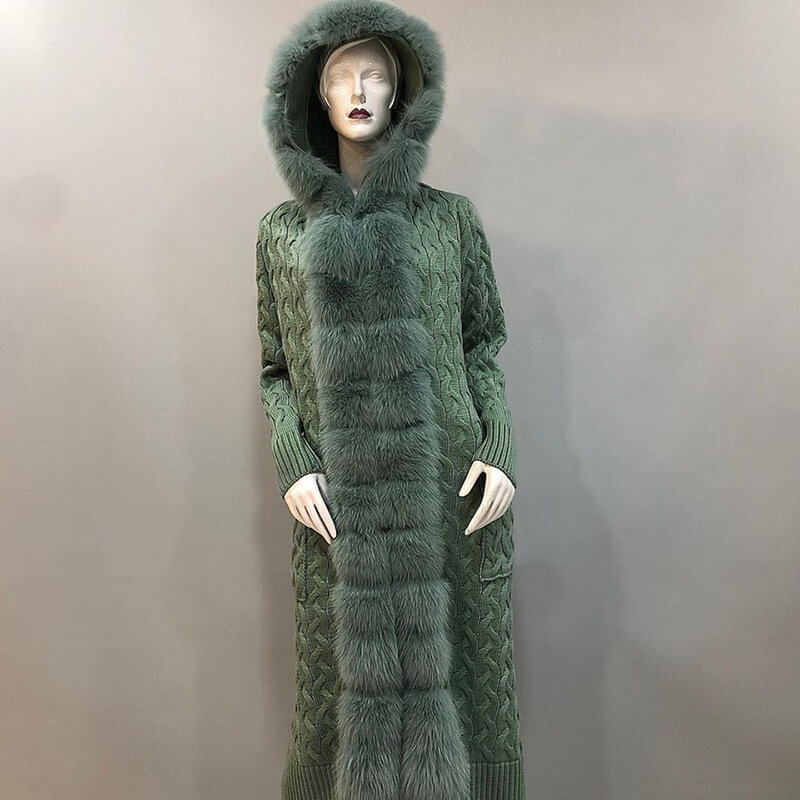 Veste d'hiver en fourrure de renard naturelle pour femme, Cardigan en cachemire, Long pull avec chapeau, nouveauté 2022