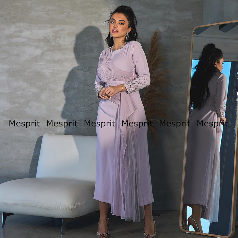 Fashion Lilac Evening Dress Ankle Length Beading Sequined Long Sleeves Round Neck Pleat Cocktail Party Dresses Arabian Prom Gown
