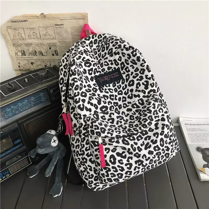 Ins Leopard Print Backpack Women Funny Animal Design School Bags for Teenage Girls White Cow Printed Kawaii Bags Cute-Backpack