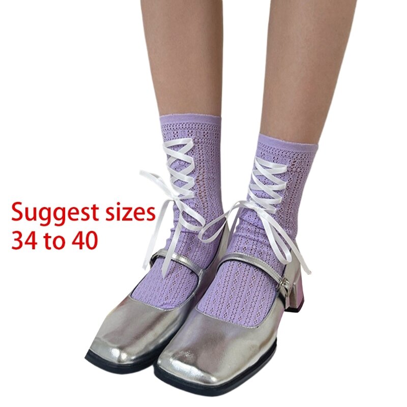 Damen-Socken mit überkreuzter Schleife und süßer Spitze, Bandbandagen, Mittelrohr, Wadensocken
