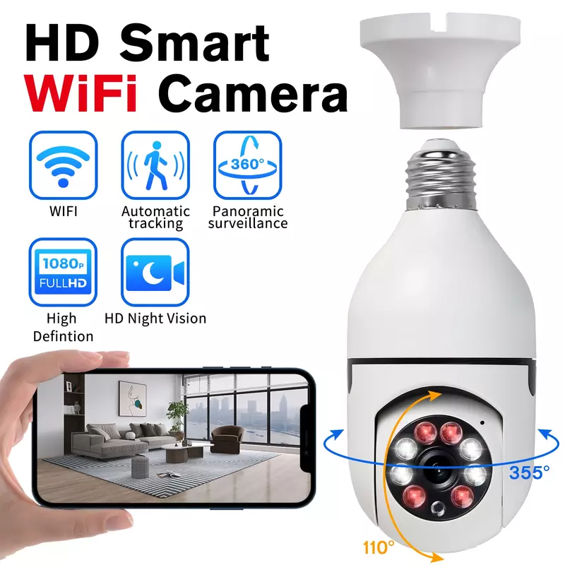 Indoor WiFi Câmera de Vigilância IP, PTZ Home, Auto Tracking, Baby Monitor, Alexa Segurança, 1080P, E27