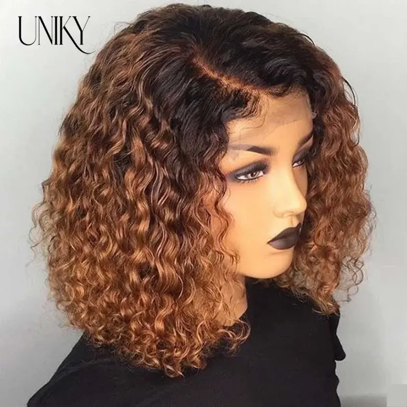 13x4 Lace Frontal Human Hair Wigs Deep Curly Short Curly Bob Wig for Black Women Brown Blonde Highlight Colored Human Hair Wig