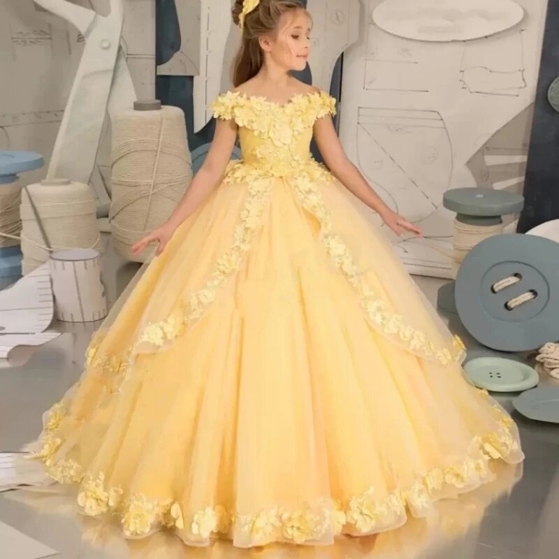 Gaun perempuan bunga renda Applique berlapis gaun anak-anak Komuni Pertama Tulle tanpa lengan untuk kontes ulang tahun gaun putri untuk anak-anak