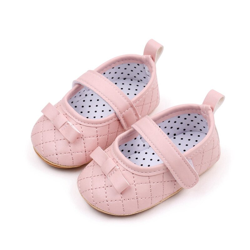 VISgogo Baby Girl Princess Shoes Bowknot Mary Jane Flats Quilted Crib Shoes with Non-Slip Rubber Sole First Walkers